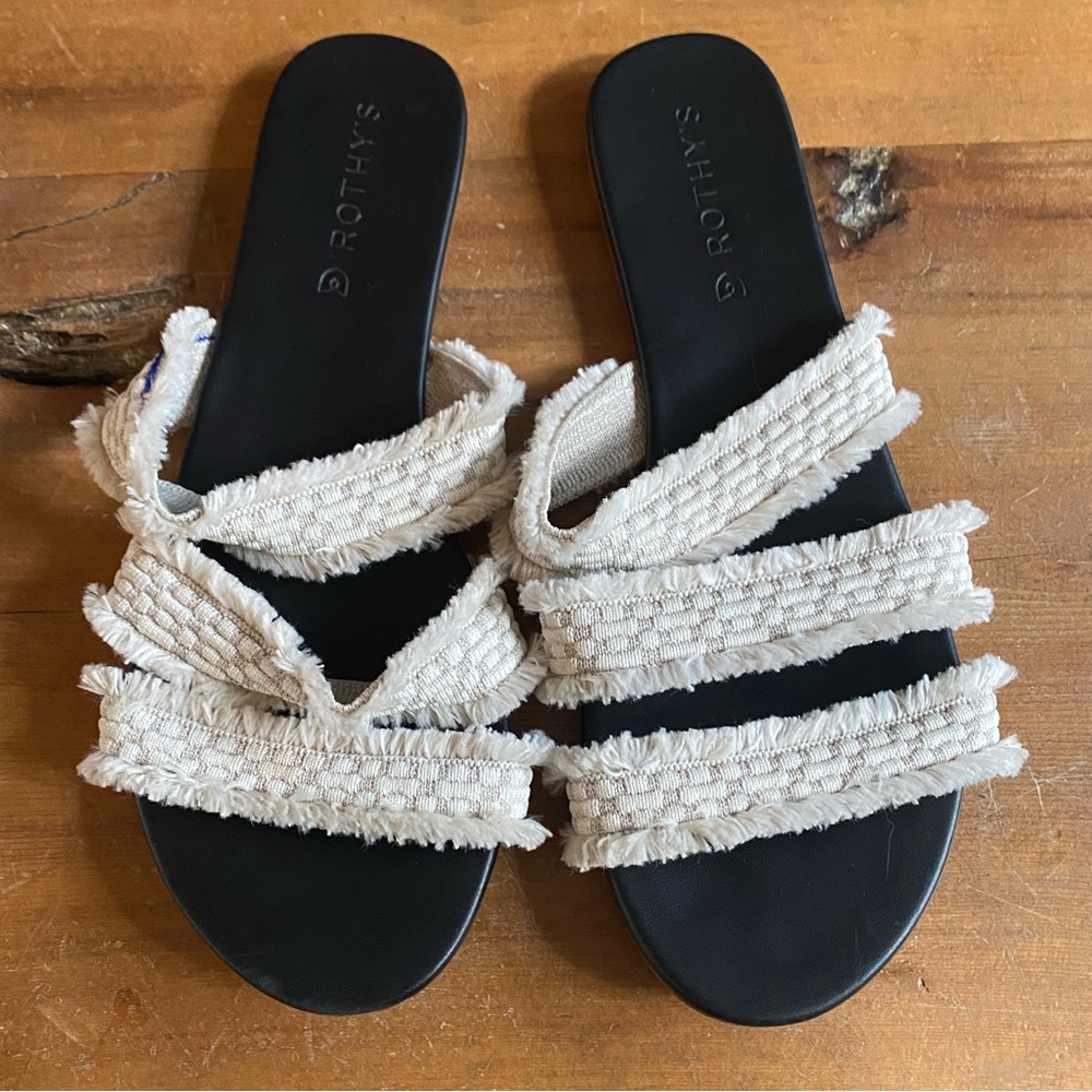 Rothy's Cream and Black Triple Band Sandals